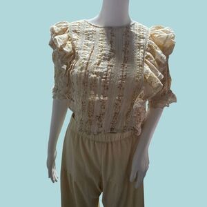LoveShackFancy Yellow Floral Cotton Ruffle Blouse Eyelet XS